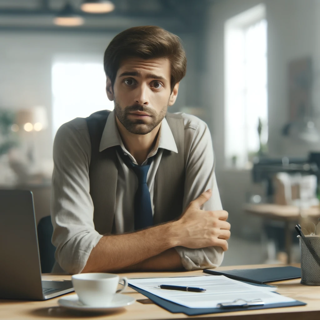 A realistic photo of a slightly distressed small business owner sitting at a desk in a modern office. The person has a concerned expression, working on a laptop with paperwork and a cup of coffee nearby. The office is well-lit with natural light from a window, and the background is subtly blurred, highlighting the use of an f-stop of 1.7 and a shutter speed of 1/125 second.